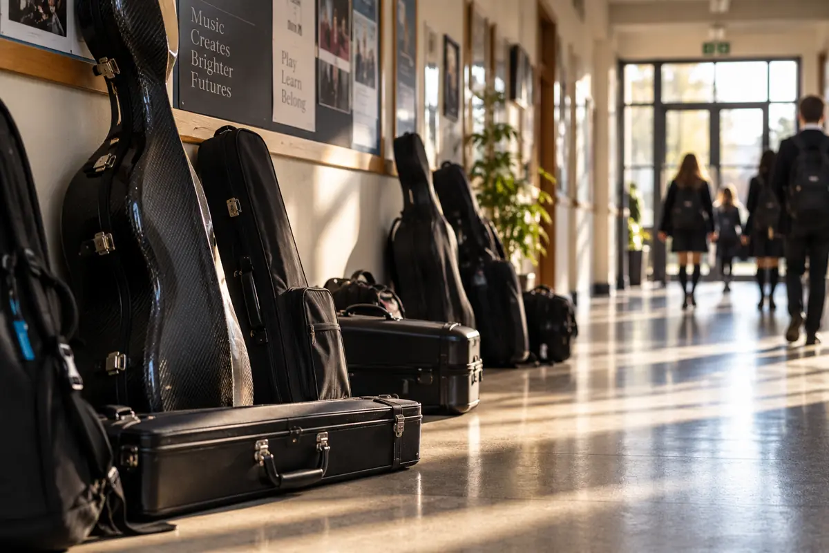 Instrument cases stacked along a school corridor wall in morning light
