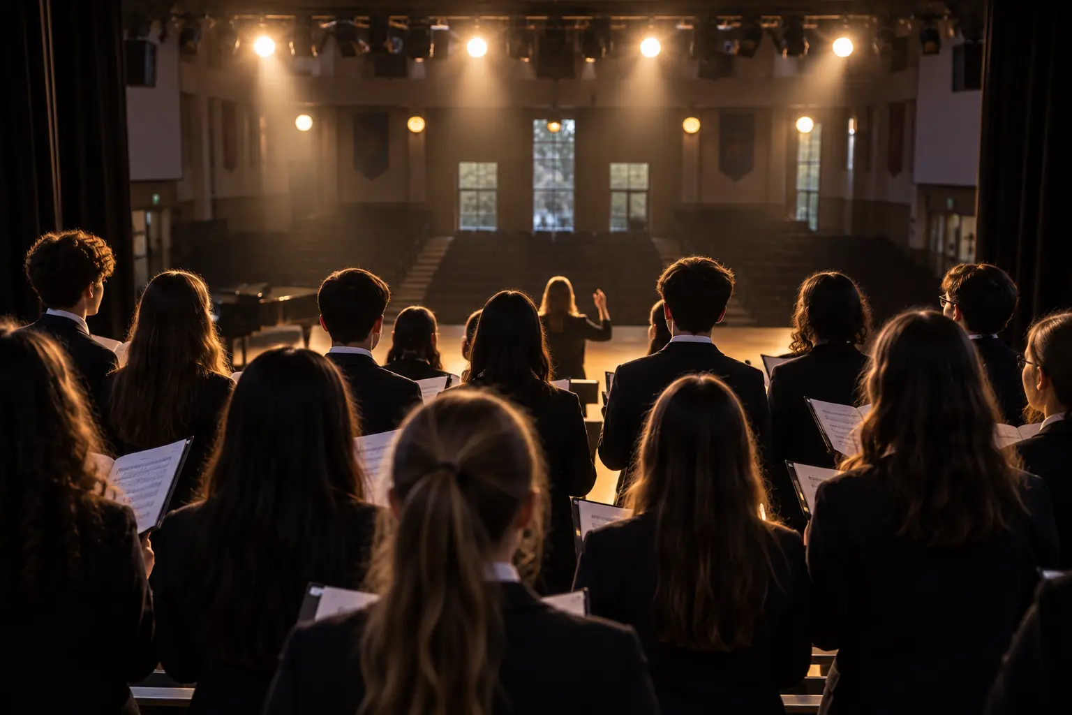 A choir on risers seen from behind, singing towards a lit chapel