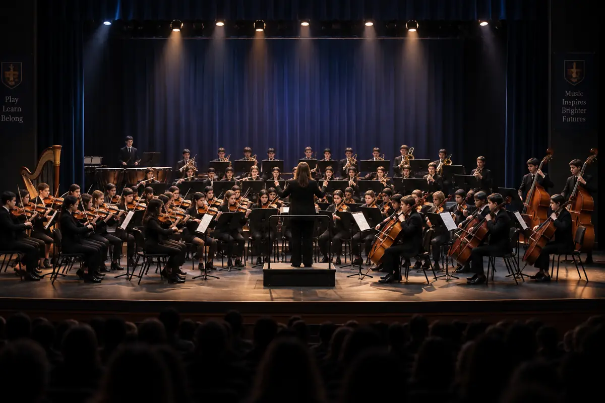 A full orchestra on a lit stage seen from the back of a dark hall