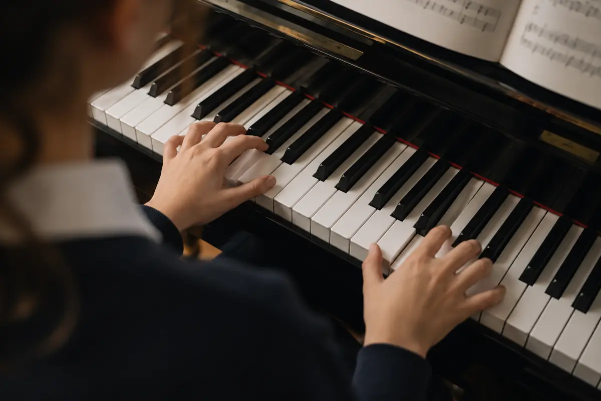 Hands on the keys of a grand piano, seen from over the shoulder