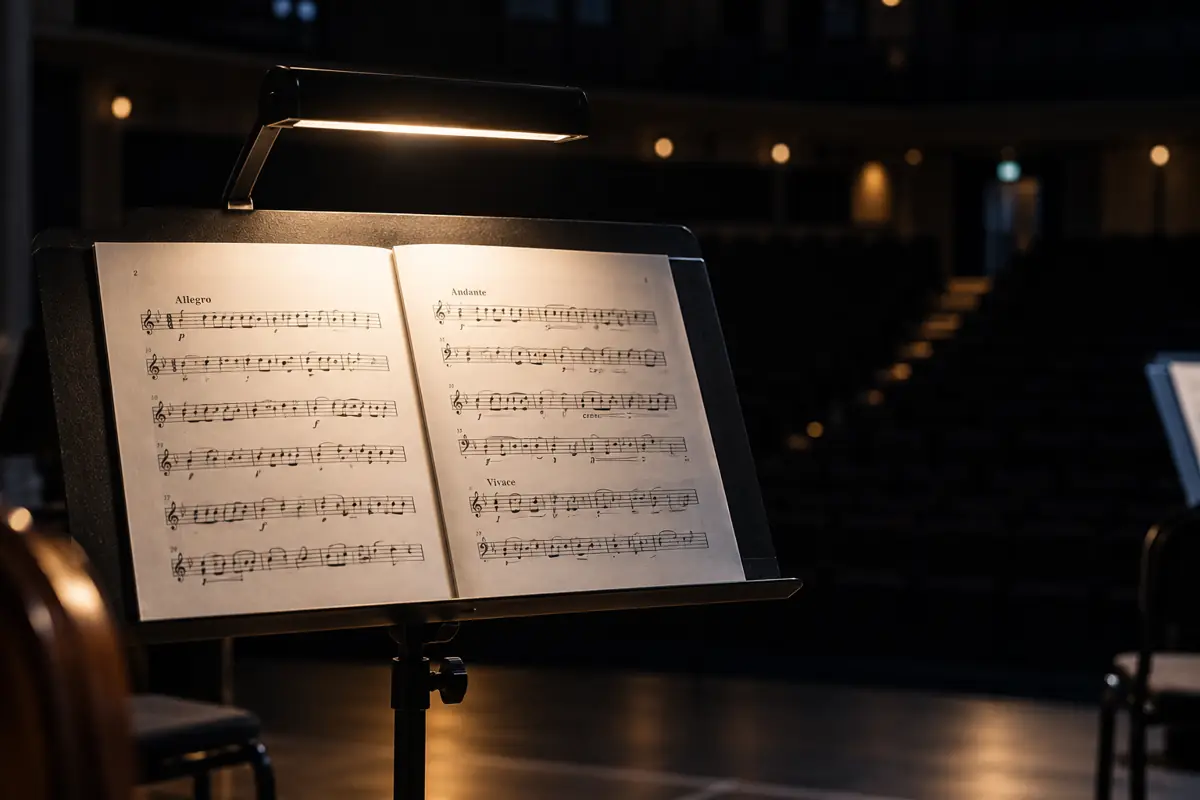 A music stand with an open score lit by a stand lamp, the hall dark behind it