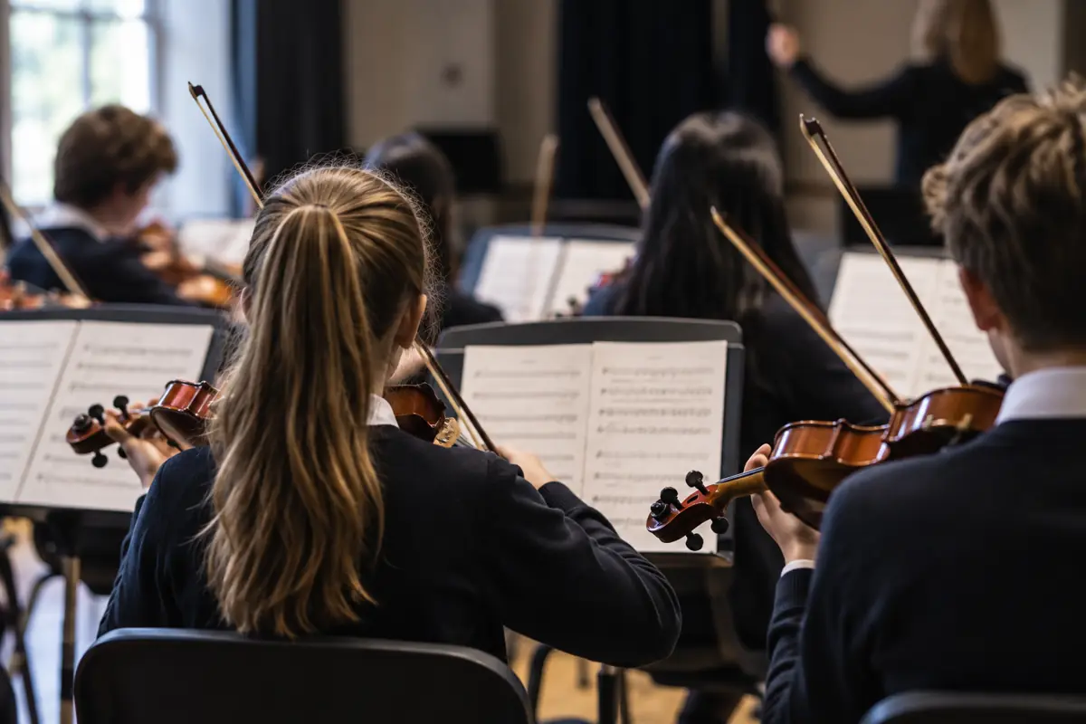 A string section seen from behind in rehearsal, bows raised, music stands in front of them